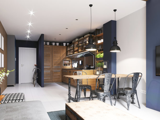 餐桌与金属桌子和椅子在现代嬉皮风格的厨房。图片下载