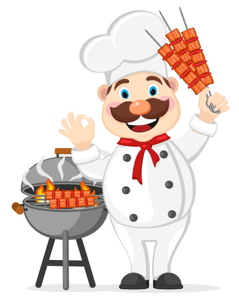 厨师微笑着在一个白色的烤架上烧烤图片下载