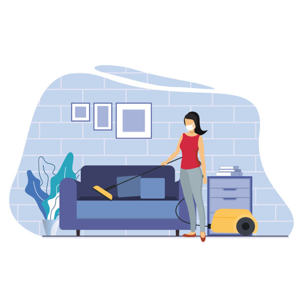 女性戴口罩，用吸尘器打扫房间。家庭作业活动概念与平面插图。向量图片下载