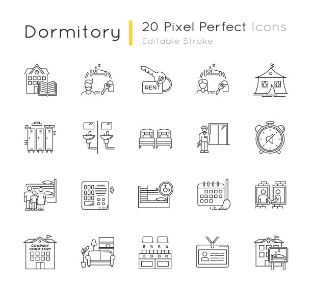 宿舍像素完美的线性图标集。公共空间。生活住宿。共享的房间。可自定义细线轮廓符号。孤立矢量大纲插图。可编辑的中风图片下载