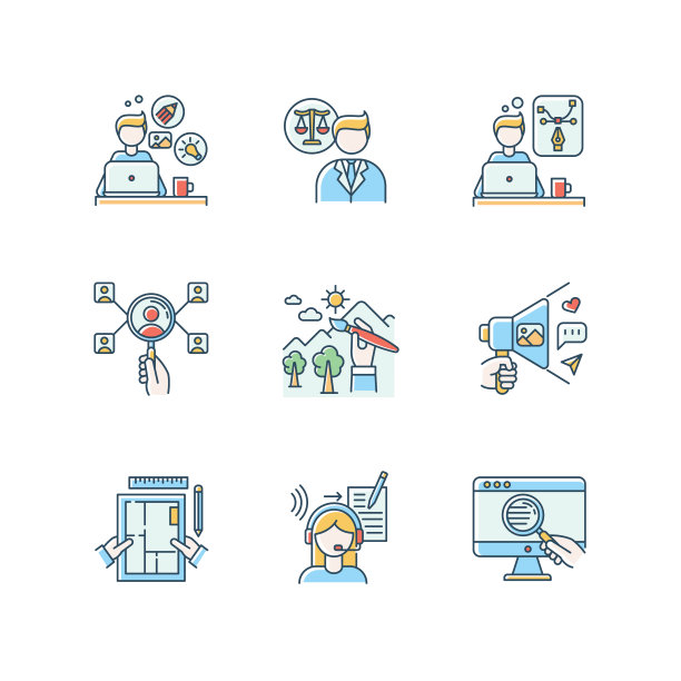 远程员工RGB颜色图标设置。创意和平面设计，抄写和人力资源管理，网络研究。插画师和社交媒体协调员。孤立的矢量插图图片下载