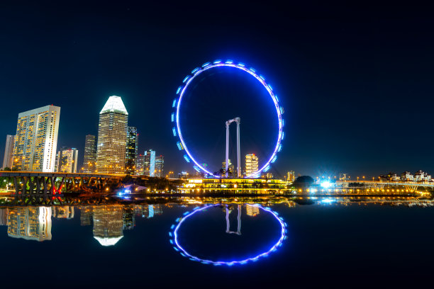 黄昏时分美丽的新加坡城市景观。滨海湾周边的新加坡商业大厦景观。傍晚时分商业区的现代高层建筑。长时间曝光效果照片。图片下载