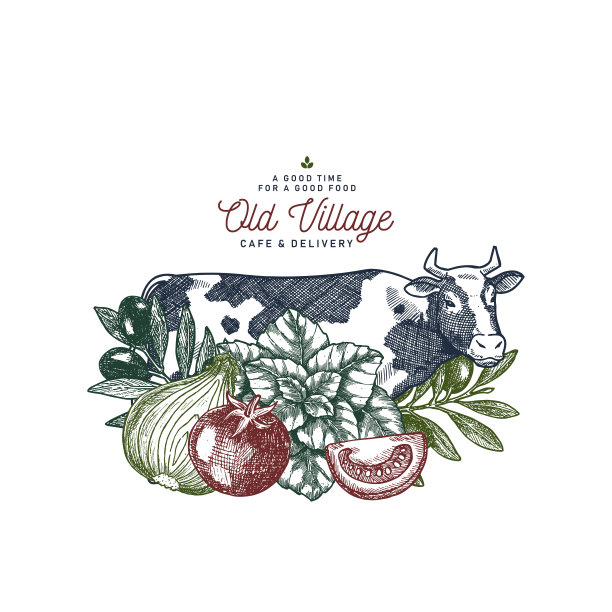 农场生鲜食品设计模板。牛，番茄，洋葱，罗勒，橄榄雕刻复古插图。农产品品牌。矢量图图片下载