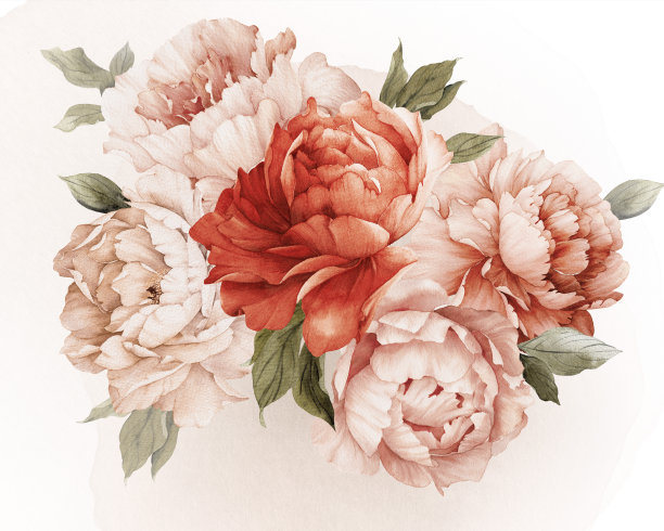 一束牡丹花，可用作贺卡、婚礼请帖、生日请帖等节假日、夏季背景。水彩插图图片下载