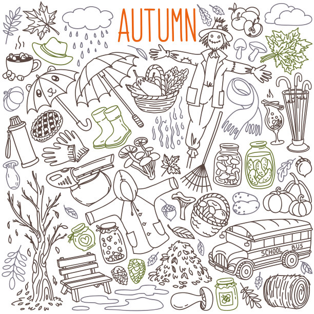 秋天涂鸦集。秋天季节的传统符号:雨、云、落叶、雨衣、雨靴、雨伞、蘑菇、收获。图片下载