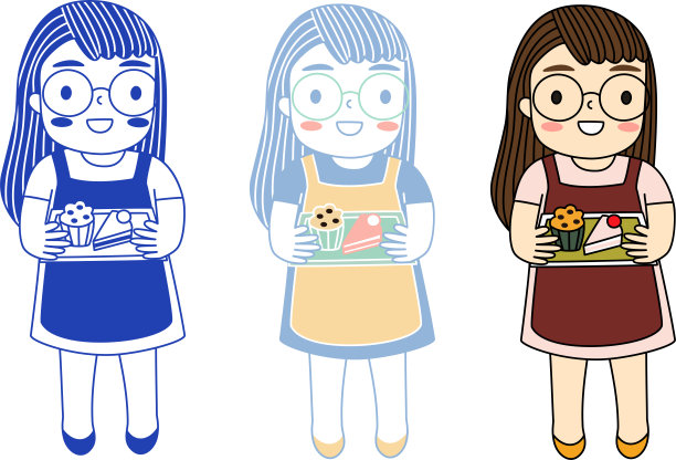 矢量平面涂鸦人物设计插画的一套可爱的女孩谁是拿着她的纸杯蛋糕和草莓蛋糕在她的手图片下载