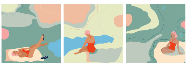 年轻女子坐在和躺在热带海滩上的红色泳衣。图片下载