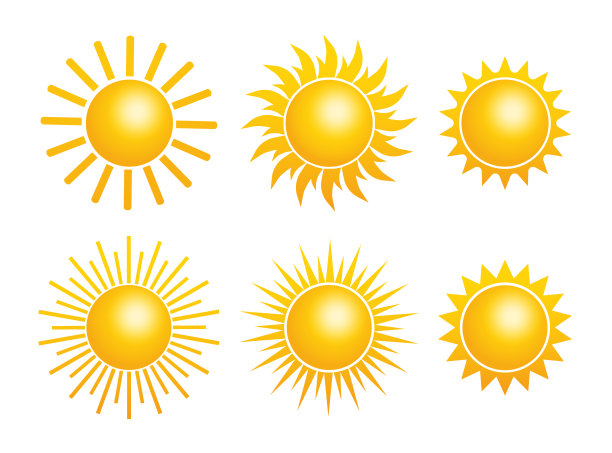 平坦的黄色太阳图标收集在白色的背景。矢量平面卡通插图。图片下载
