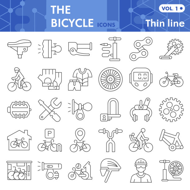 自行车细线图标设置，自行车符号收集或草图。自行车零件和配件线性风格标志web和应用程序。矢量图形孤立在白色背景。图片下载