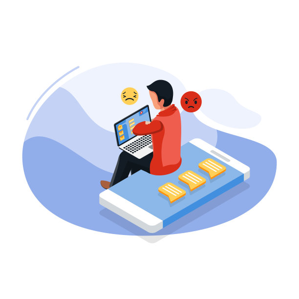 社交媒体概念:男性在用笔记本电脑阅读电子邮件时会感到悲伤和愤怒。在线交流。等距社交媒体插图概念。向量素材图片