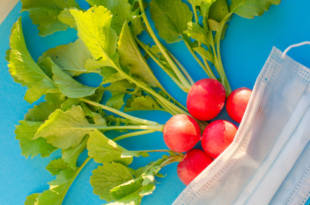 新鲜的红色蔬菜，医疗面具下的萝卜。夏天平。健康营养和病毒防护的概念。多吃蔬菜，保持健康。图片下载