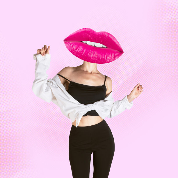 当代艺术拼贴。时尚潮女孩用粉色的嘴唇代替粉色背景上的头。情人节的背景。图片下载