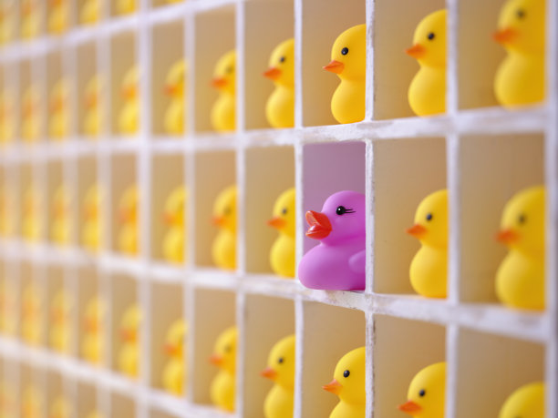 许多黄色的橡皮鸭在木制鸽子洞隔间，重点是一个不同风格的粉红色橡皮鸭在一个隔间。图片下载