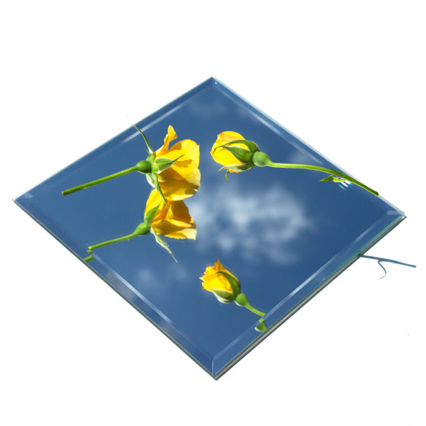 两朵黄色玫瑰悬浮在一面方镜子上。镜子映着经典的蓝天和白云。图片下载