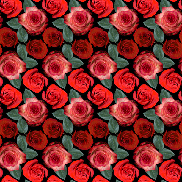 无缝图案与红色，粉红色的玫瑰花和绿色的叶子在黑色的背景。五彩缤纷的花卉纹理。光栅插图。图片下载