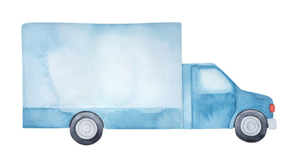 浅蓝色抽象货车水彩素描。一个物体，侧视图。手绘水彩素描在白色，剪纸剪辑艺术元素的创意设计，横幅，海报。图片下载
