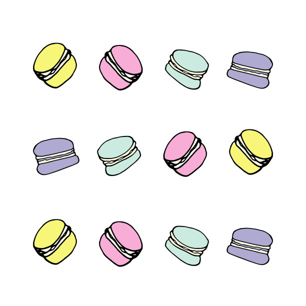 一套手绘马卡龙贺卡，海报，食谱，烹饪设计。孤立在白色背景上。涂鸦矢量插图。图片下载