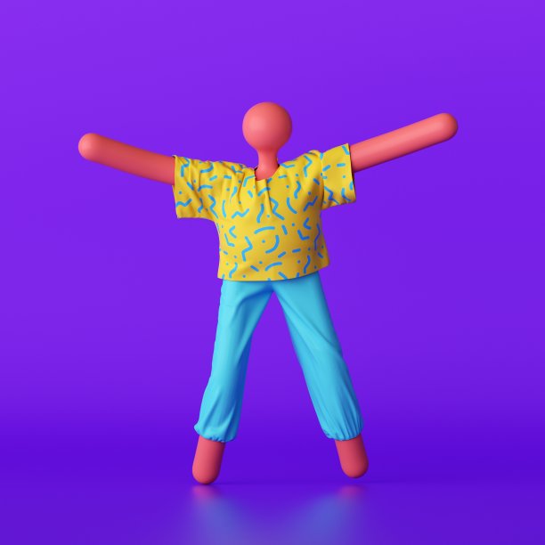 3d渲染，抽象的粉色秃顶卡通人物穿着黄色衬衫和蓝色裤子，夏天的衣服孤立在紫色的背景。有趣的玩具，没有脸的假娃娃。现代极简波普艺术图片下载