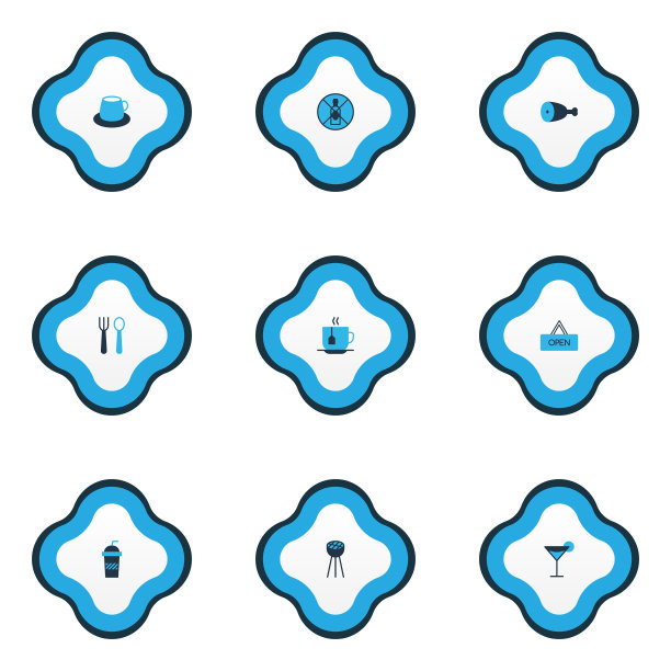 咖啡馆图标彩色设置与银器BBQ图片下载