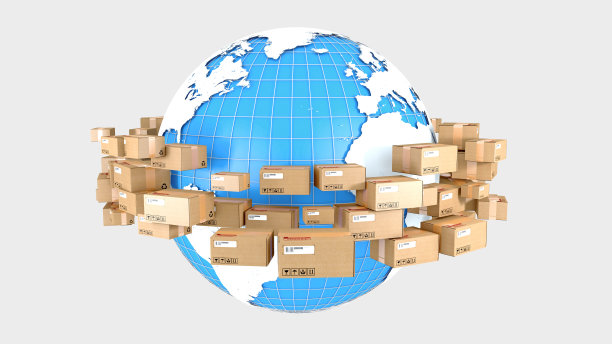 货物在纸板箱循环世界各地- 3d插图图片下载