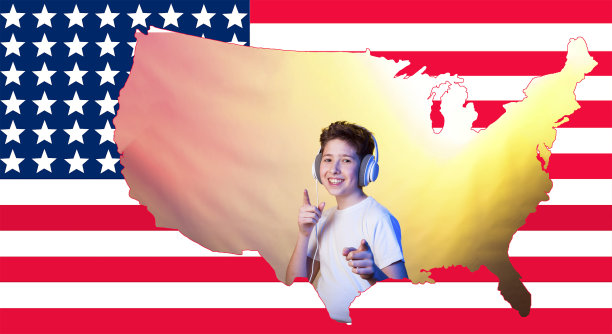 积极情绪的概念。年轻人喜欢生活。以美国国旗为背景的拼贴画。这个人的肖像刻在美国地图的等高线上。图片下载