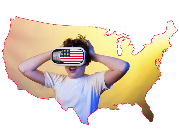 积极情绪的概念。一个年轻人微笑着享受生活。这个人的肖像刻在美国地图的等高线上。隔离。图片下载