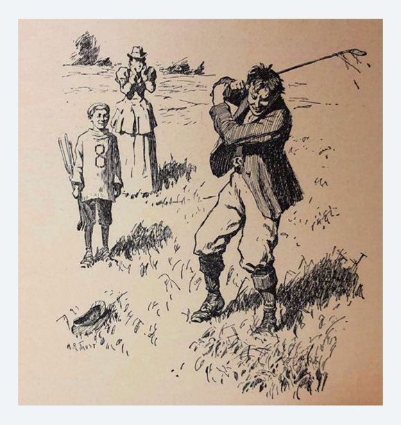 体育运动——一个男人在打高尔夫球，一个年轻的男孩和一个女人在一旁观看图片下载