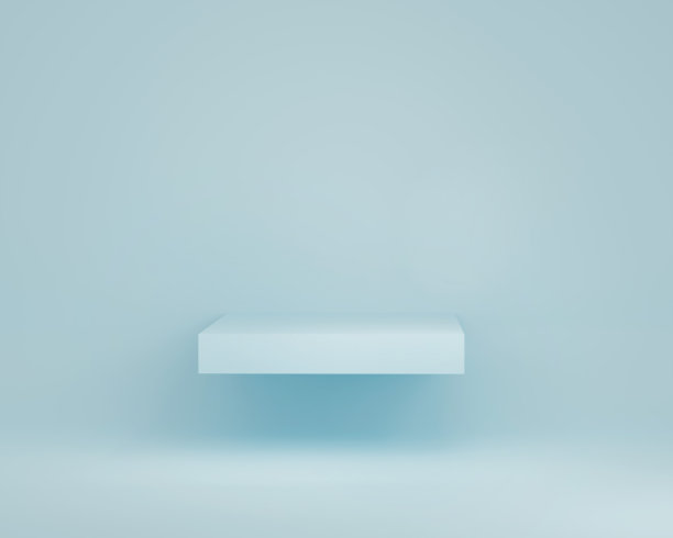 3D粉彩蓝色显示讲台。方形悬浮货架，用于产品推广和文案空间。干净的极简空模板与模型。3 d渲染图图片下载