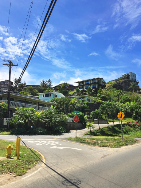 从拉尼凯海滩附近的十字路口看山坡上的房子图片下载