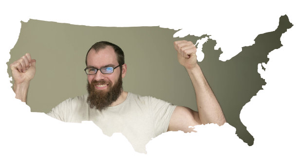 积极情绪的概念。中年男子微笑着享受生活。这个人的肖像刻在美国地图的等高线上。隔离。图片下载