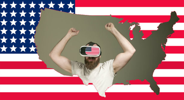 积极情绪的概念。中年男子微笑着享受生活。以美国国旗为背景的拼贴画。图片下载