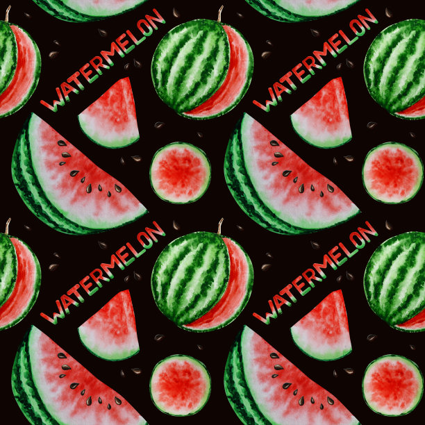 西瓜切片水果无缝图案水彩手绘插画，新鲜健康食品-天然有机食品织物纹理上的黑色背景。剪贴簿纸图片下载