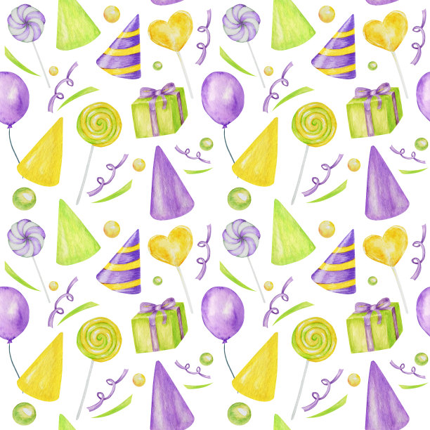节日无缝图案彩色糖果，纸杯蛋糕，气球，礼物，五彩纸屑，星星，嘉年华帽。生日快乐或聚会贺卡，剪贴簿，织物，纹理，礼物纸的概念图片下载