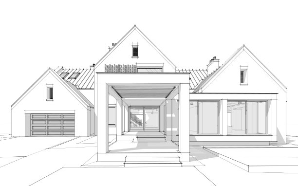 池塘上现代熟料房的3d渲染，白色背景上有水池黑线图片下载