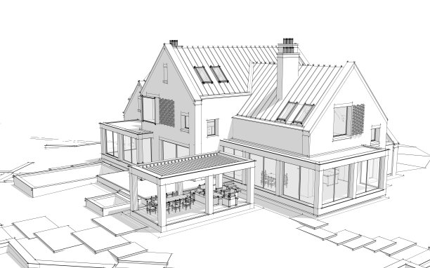 池塘上现代熟料房的3d渲染，白色背景上有水池黑线图片下载