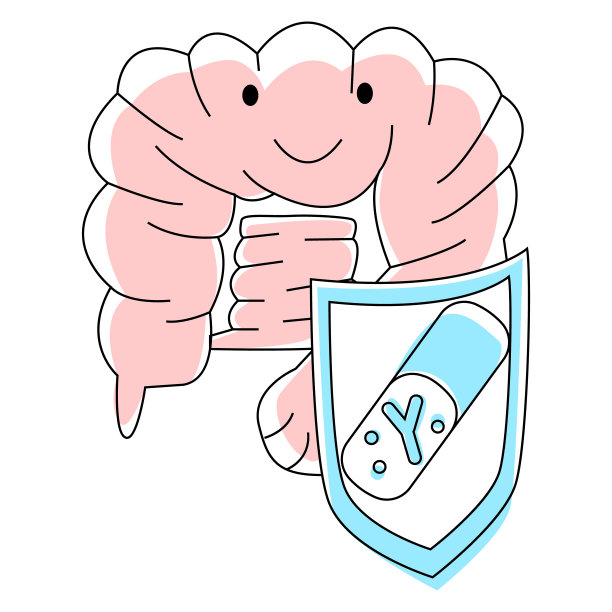 矢量平面插图抽象的快乐肠由盾牌保护与医疗胶囊。图片下载