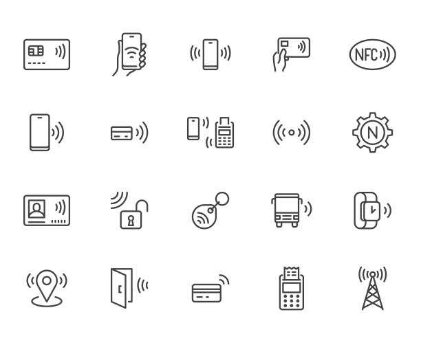 NFC线图标设置。近场通信技术，非接触式支付，卡与芯片最小矢量插图。智能手机支付的简单轮廓标志。像素完美。可编辑的中风图片下载