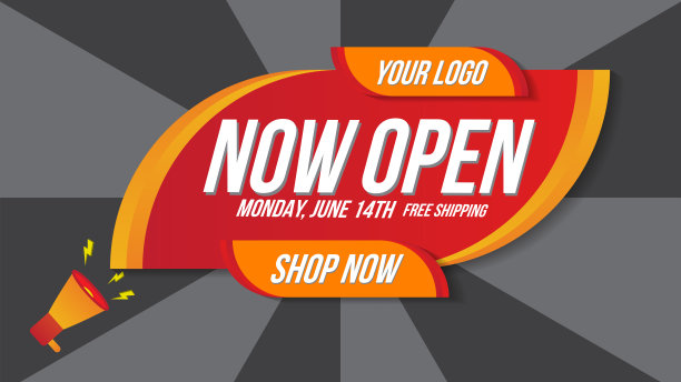 现在开店或新店红色和橙色的标志在黑色的背景。开幕活动的模板设计。可用于海报，传单，横幅。图片下载
