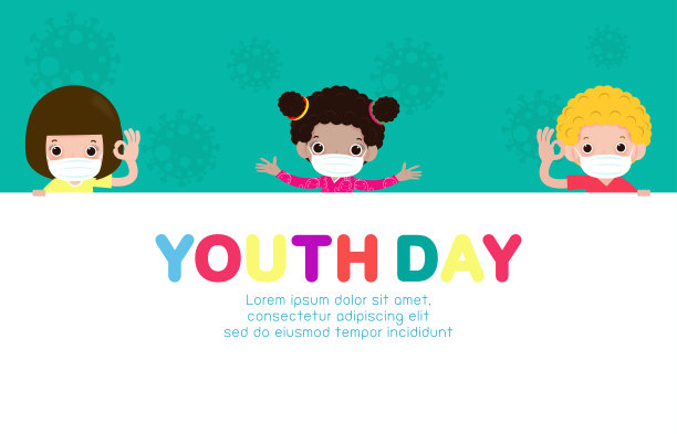 新常态生活理念，社交距离，一群可爱的青少年手持大招牌，戴着医用外科防护口罩，预防冠状病毒或Covid-19病媒图片下载