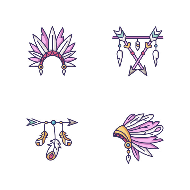 印第安人帽子和护身符RGB颜色图标集。有羽毛的部落首领头饰。波西米亚风格的魅力与箭和牙齿。少数民族饰品。孤立的矢量插图图片下载