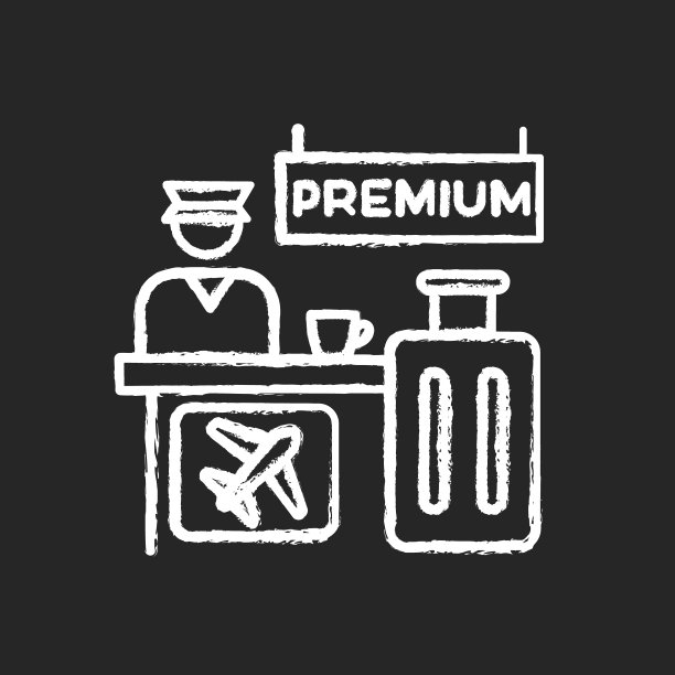 高级飞机预订粉笔白色图标上的黑色背景。豪华休息区为您提供舒适的等候。航空公司服务帮助台。检查行李。孤立矢量黑板插图图片下载