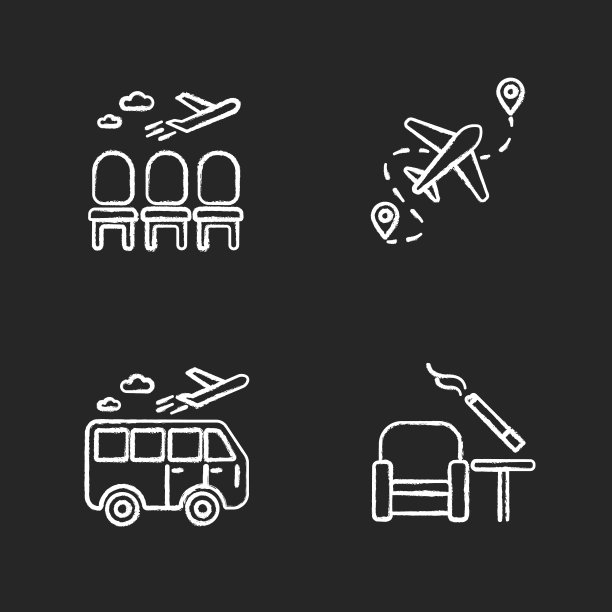 机场航站楼粉笔白色图标设置为黑色背景。乘客等候区。有空座的飞机休息室。飞机起飞。孤立矢量黑板插图图片下载