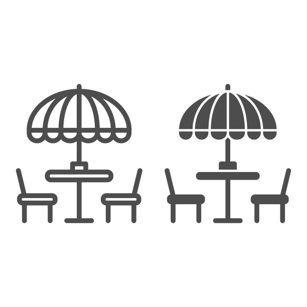 椅子和桌子与伞线和固体图标，街头食品概念，户外桌子与伞标志在白色背景，外部咖啡厅符号在轮廓风格的移动和网络。矢量图形。图片下载