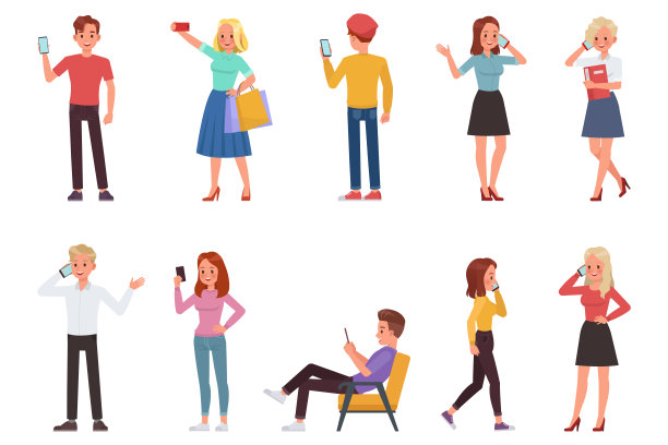 人玩智能手机的角色矢量设计图片下载