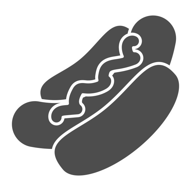 热狗实心图标，垃圾食品概念，白色背景上的热狗标志，用于移动概念和网页设计的带有酱汁的美国热狗三明治字形风格图标。矢量图形。图片下载