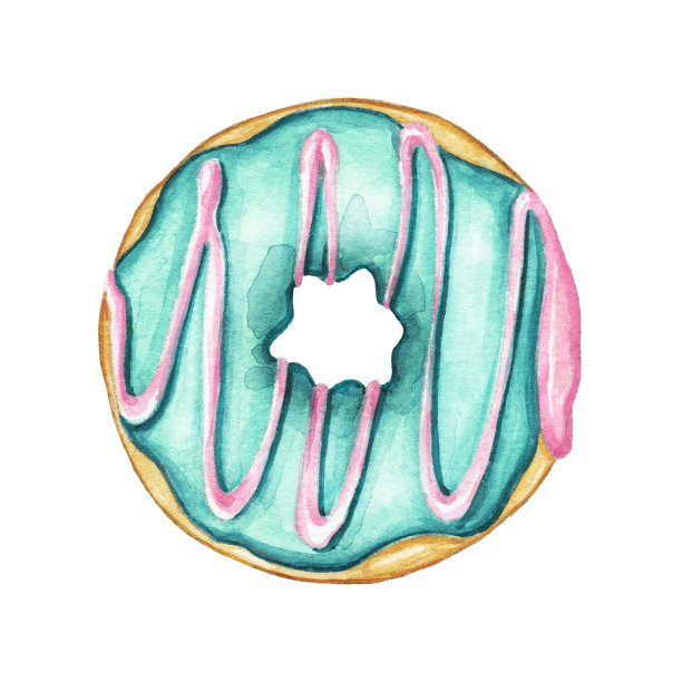 水彩甜甜圈绿色薄荷釉和粉色奶油图片下载