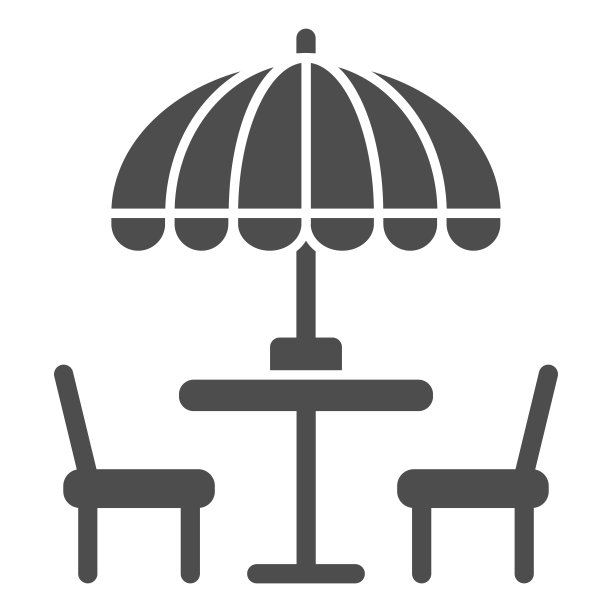 椅子和桌子与伞固体图标，街头食品概念，户外桌子与伞标志在白色背景，在移动和网络的咖啡馆符号字形风格。矢量图形。图片下载