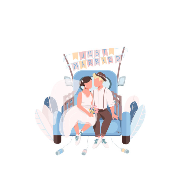 刚刚结婚的夫妇在车平色矢量无脸人物图片下载