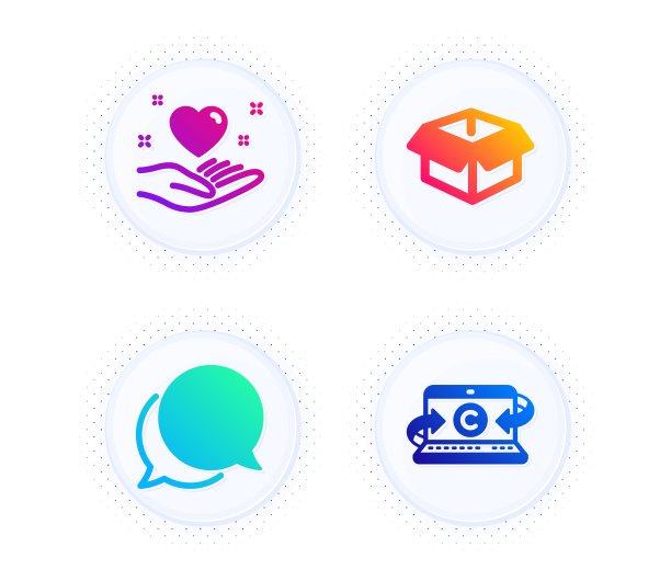 聊天信息，保持心脏和打开的盒子图标集。文案笔记本的信号。向量图片下载