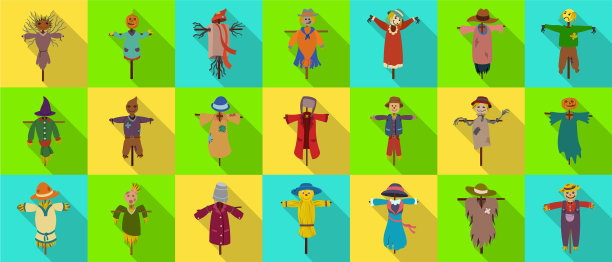 花园稻草人平面设置图标孤立设置图片下载